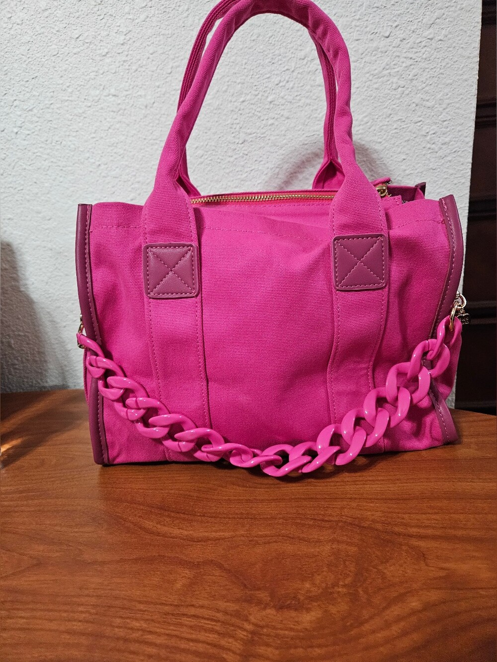 Fuchsia Canvas Tote with Chunky Chain Handle